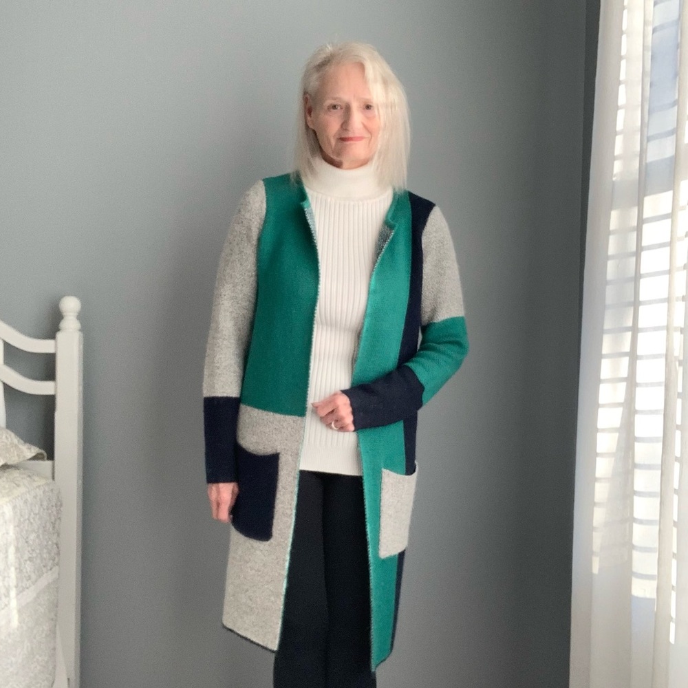 Noisy May Teal Gray Navy Color Block Knee Length Cardigan Duster Long Sleeve SM